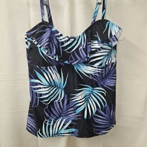 Ruffled Tankini Top in Black with Blue & Purple Leaf Print